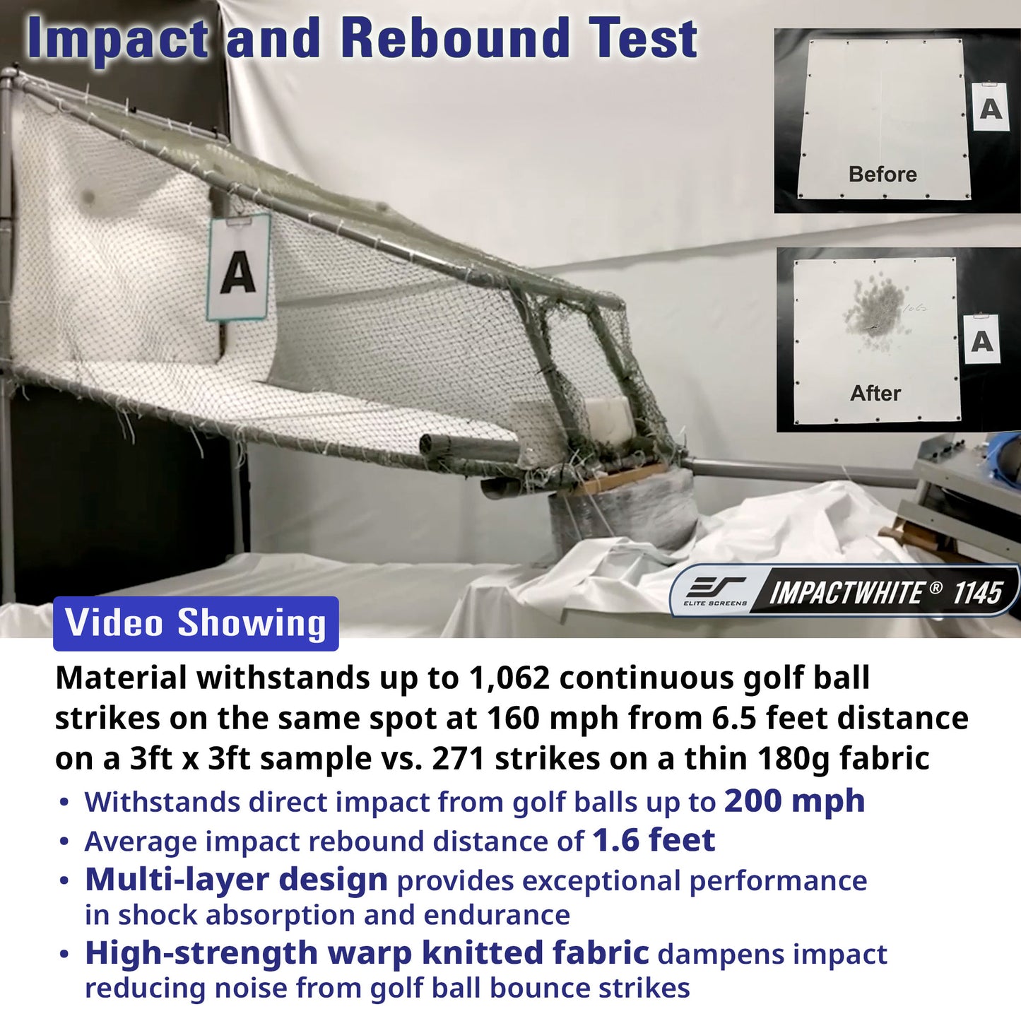 GolfSlim Bay Series, Impact and rebound test setup with material samples and text describing product features.