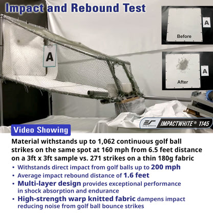 GolfSlim Bay Series, Impact and rebound test setup with material samples and text describing product features.