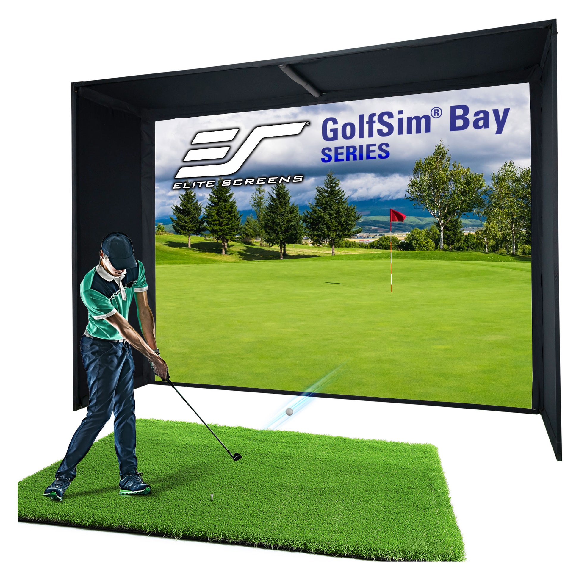 GolfSlim Bay Series, Golf simulator setup with a screen displaying a golf course and a person