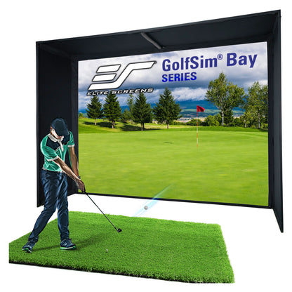 GolfSlim Bay Series, Golf simulator setup with a screen displaying a golf course and a person