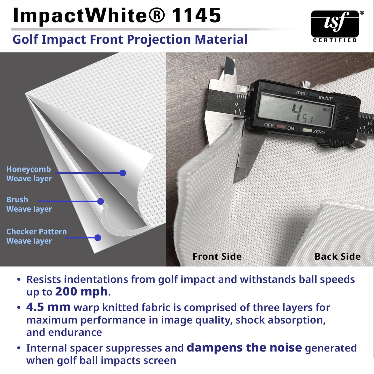 Golf impact front projection material with technical details and measurements.