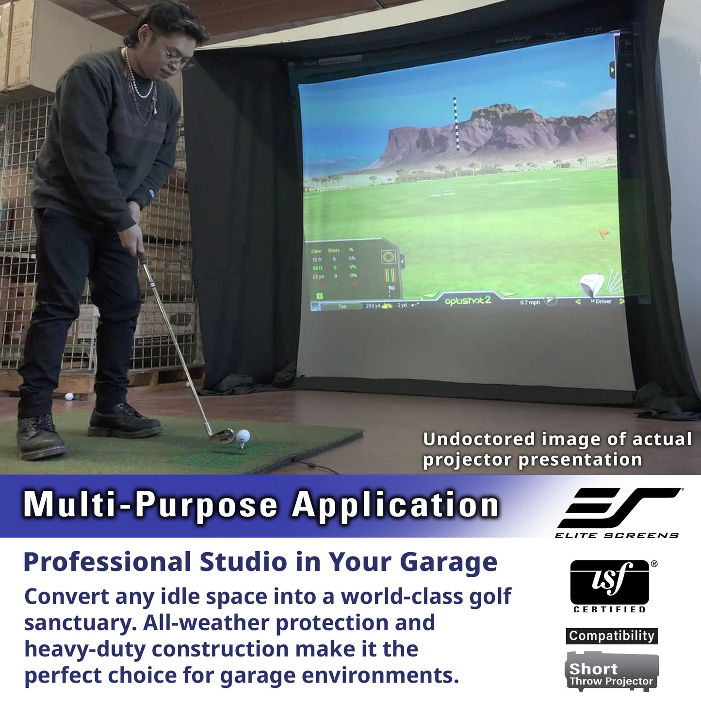 Person playing golf indoors using a screen displaying a virtual golf course, with Elite Screens branding.
