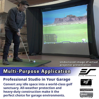 Person playing golf indoors using a screen displaying a virtual golf course, with Elite Screens branding.