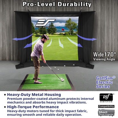 Golf simulator setup with a screen displaying a golf course, featuring Elite Screens branding.