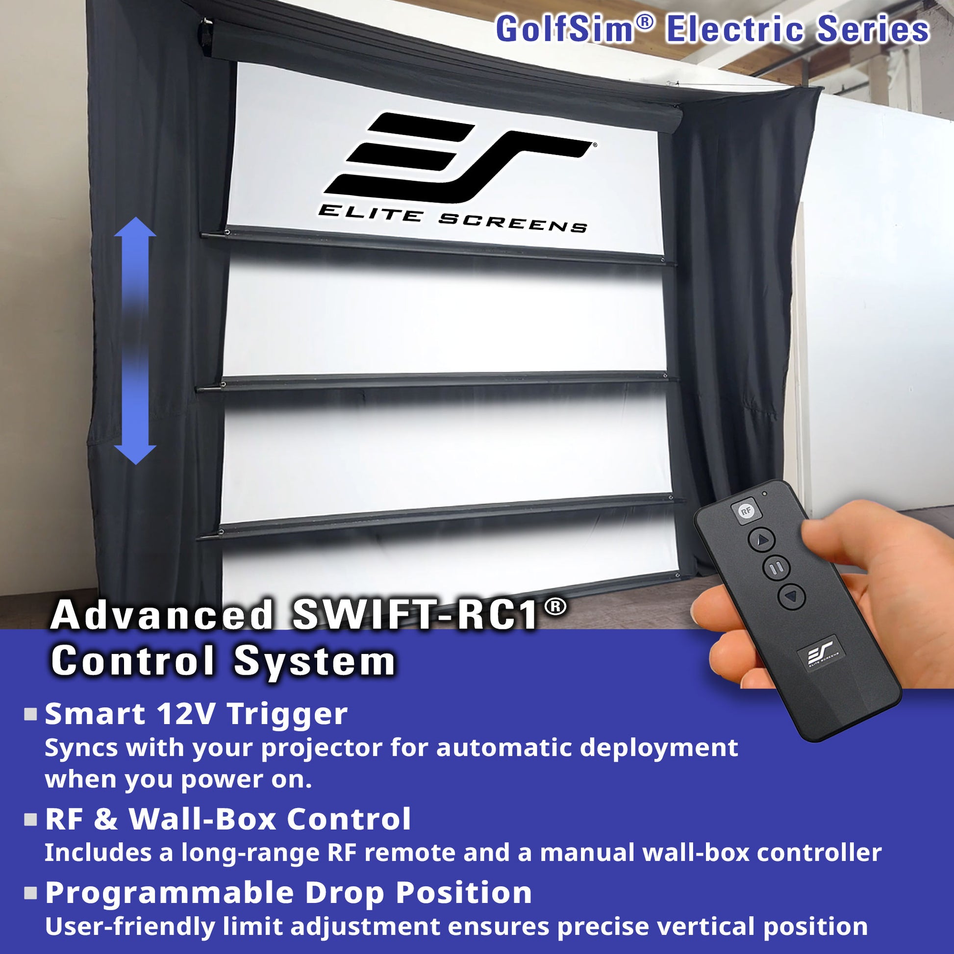 Elite Screens golf simulator screen with remote control and feature text overlay