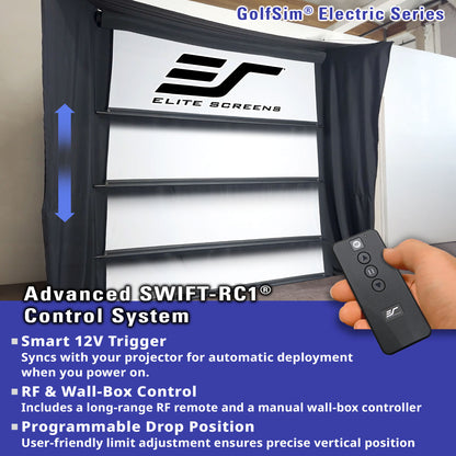 Elite Screens golf simulator screen with remote control and feature text overlay