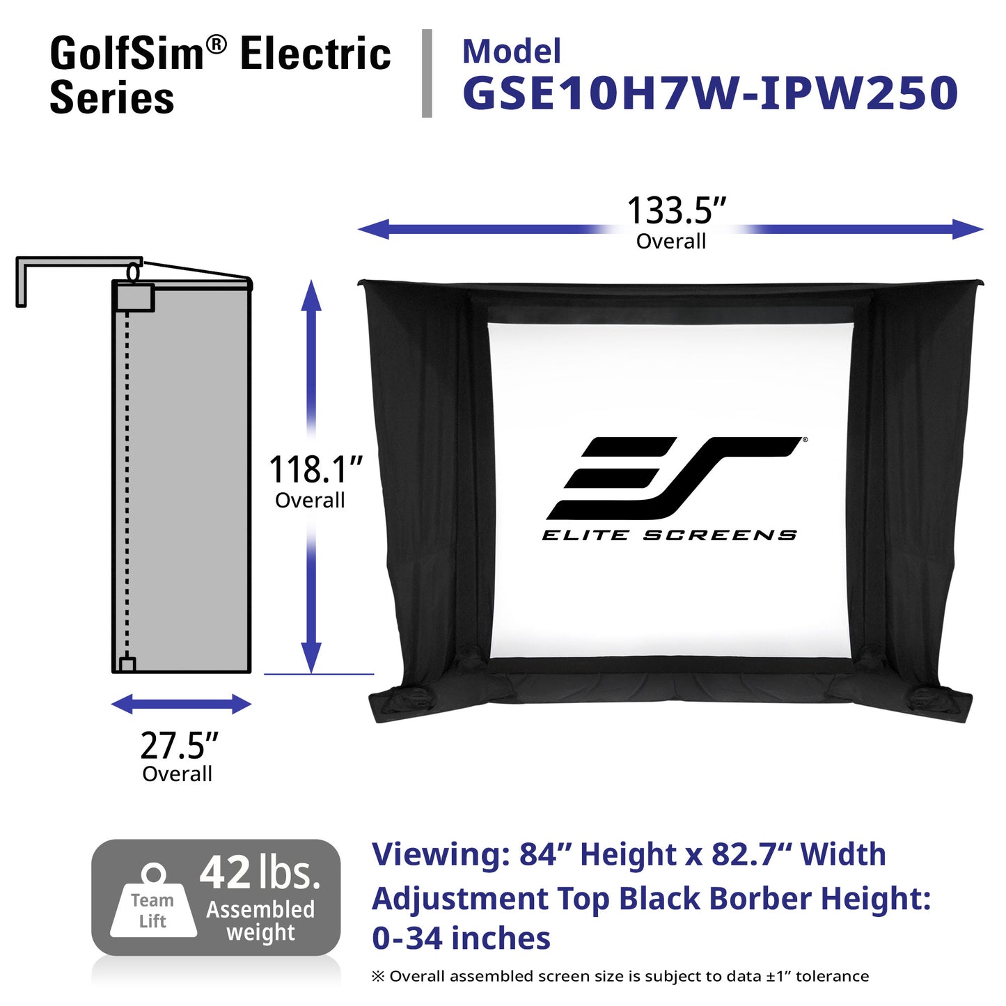 Elite Screens GolfSim Electric Series screen with dimensions and specifications.