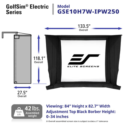 Elite Screens GolfSim Electric Series screen with dimensions and specifications.