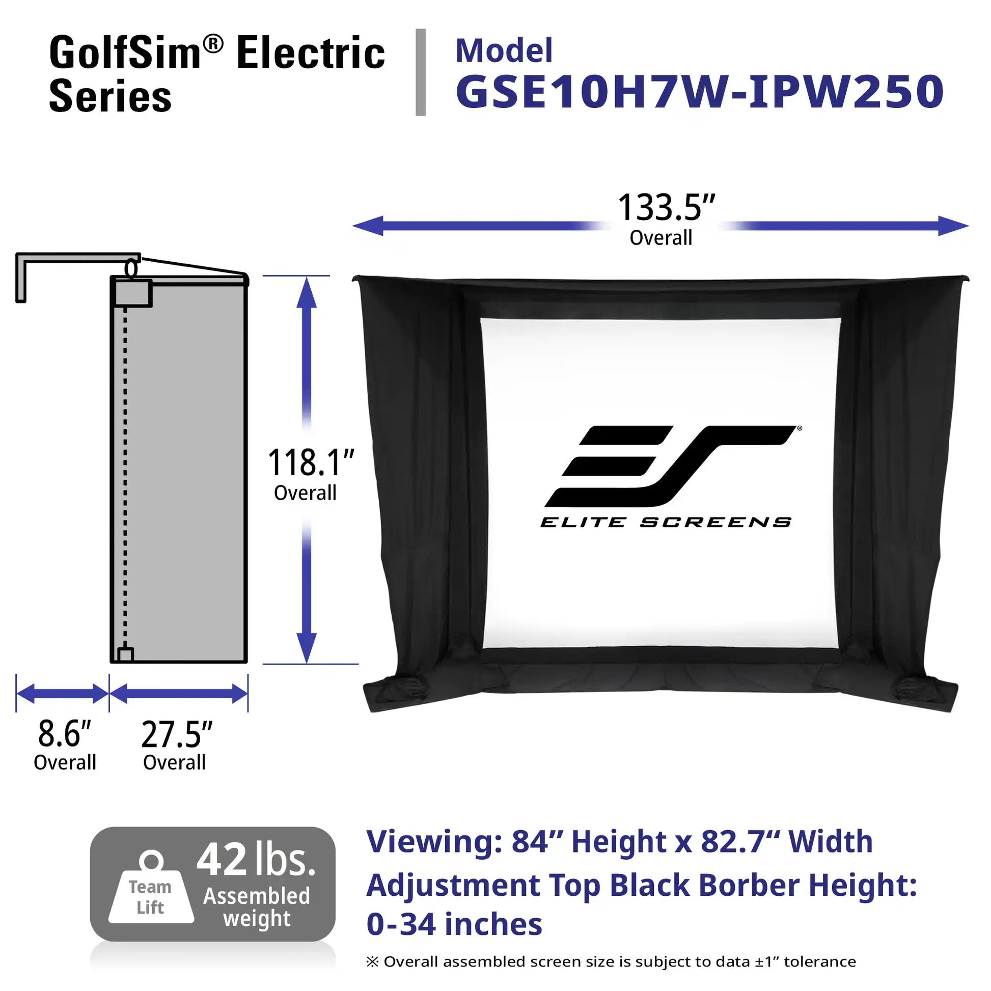 GolfSim Electric Series golf screen tent model GSE10H7W-IPW250 with dimension measurements, showing the assembled black screen tent with a white viewing screen and black side panels, plus weight and viewing size details.