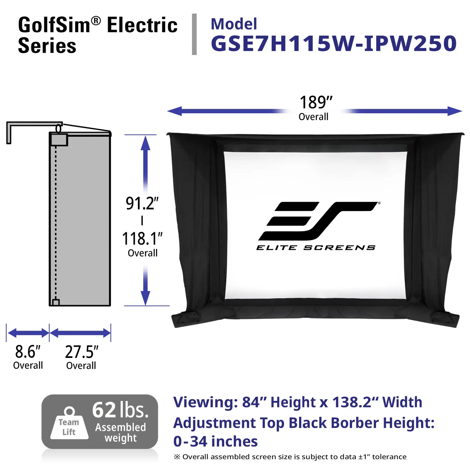 GolfSim Electric Series golf flag canopy by Elite Screens, model GSE7H115W-IPW250. The image shows both the assembled black flag with a white viewing screen and a dimension diagram on the left, with measurements for overall width (189 inches), height (91.