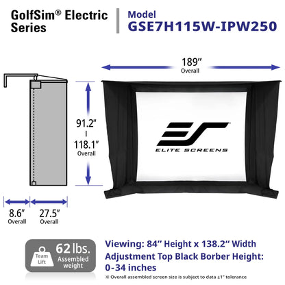 GolfSim Electric Series golf flag canopy by Elite Screens, model GSE7H115W-IPW250. The image shows both the assembled black flag with a white viewing screen and a dimension diagram on the left, with measurements for overall width (189 inches), height (91.