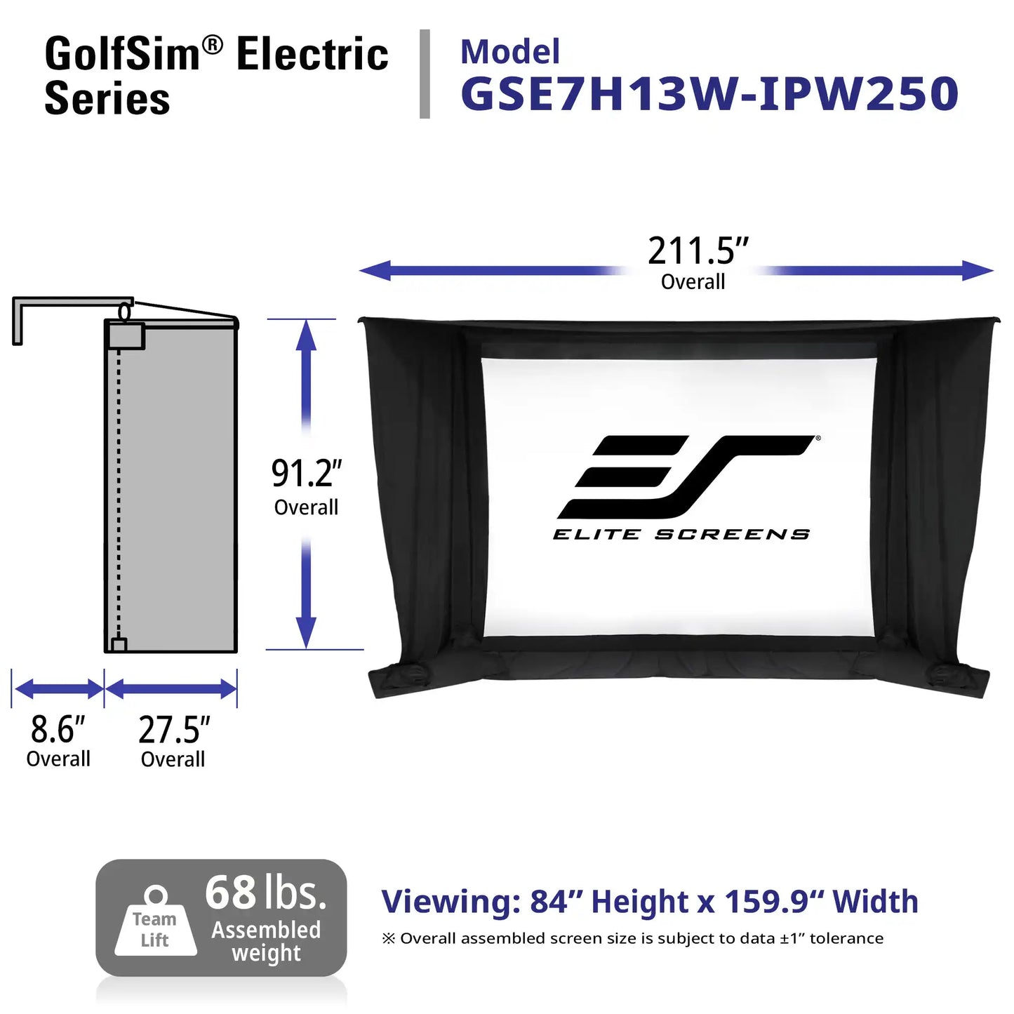 GolfSim Electric Series golf screen model GSE7H13W-IPW250 with assembly dimensions, weight, and viewing specifications. The image shows the assembled black screen with a white front panel and blue dimension arrows indicating overall width, height, and side depth.