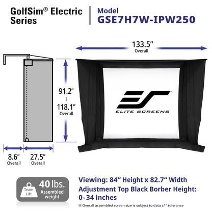 GolfSim Electric Series golf screen tent model GSE7H7W-IPW250, showing a front view with black side panels and a white screen area, along with dimension measurements, viewing dimensions, and weight information.