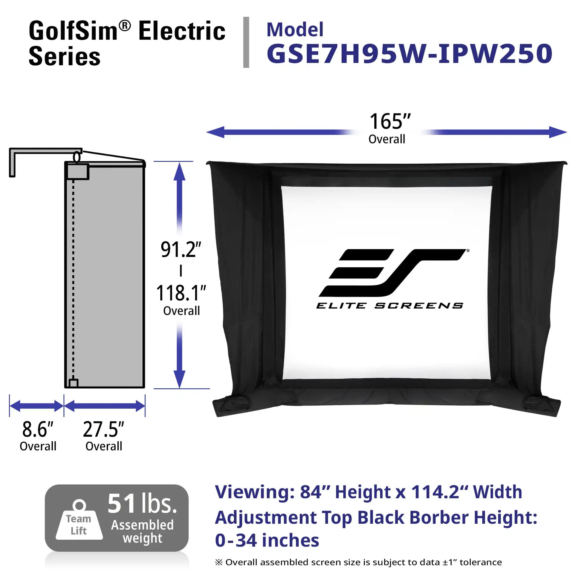 GolfSim Electric Series golf flag stand model GSE7H95W-IPW250, showing a side profile dimension diagram and a front view of the assembled black flag with a white center panel displaying the Elite Screens logo.