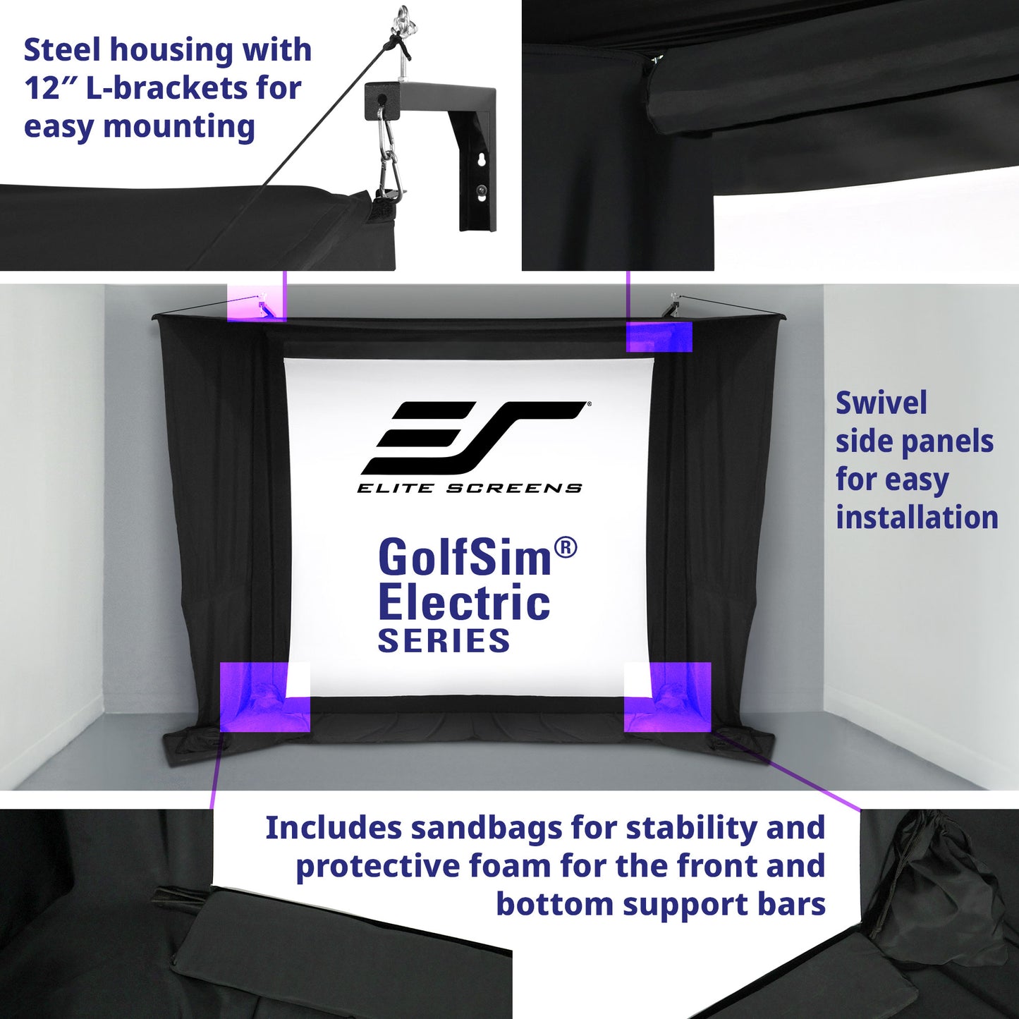 Elite Screens GolfSim Electric Series screen with features highlighted