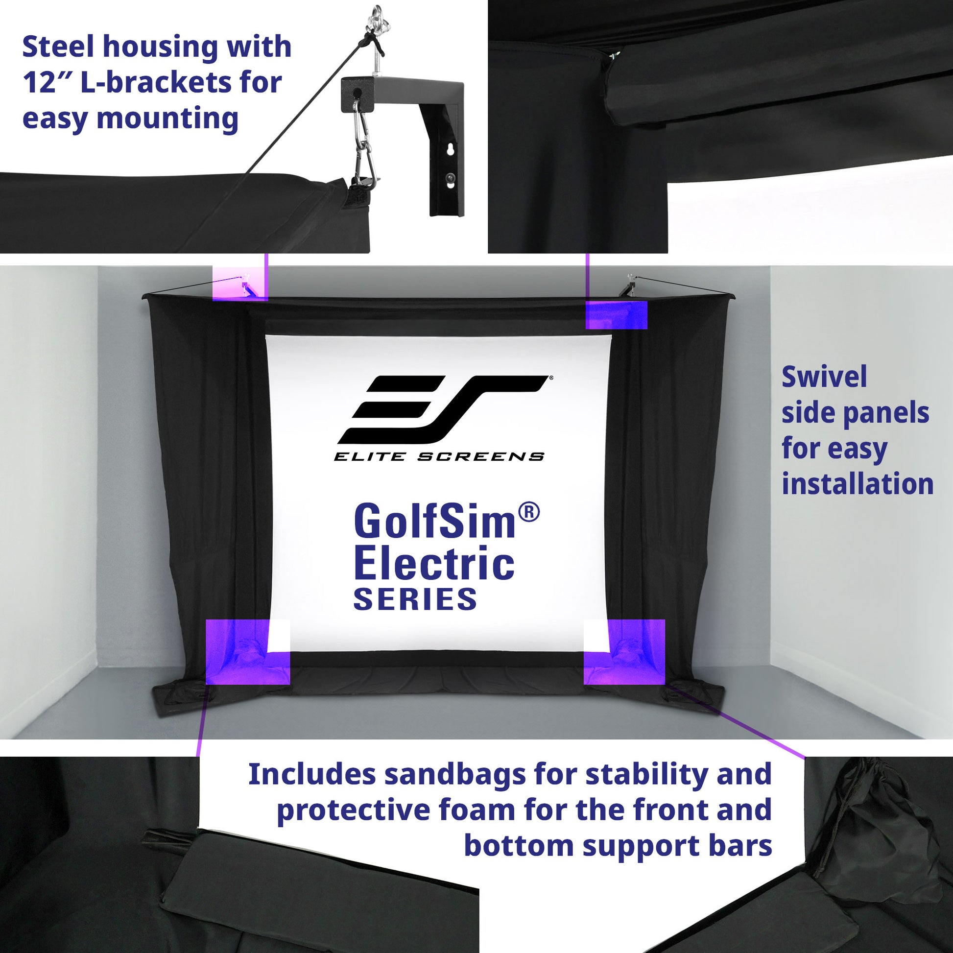 Elite Screens GolfSim Electric Series screen with features highlighted