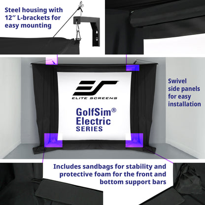 Elite Screens GolfSim Electric Series screen with features highlighted