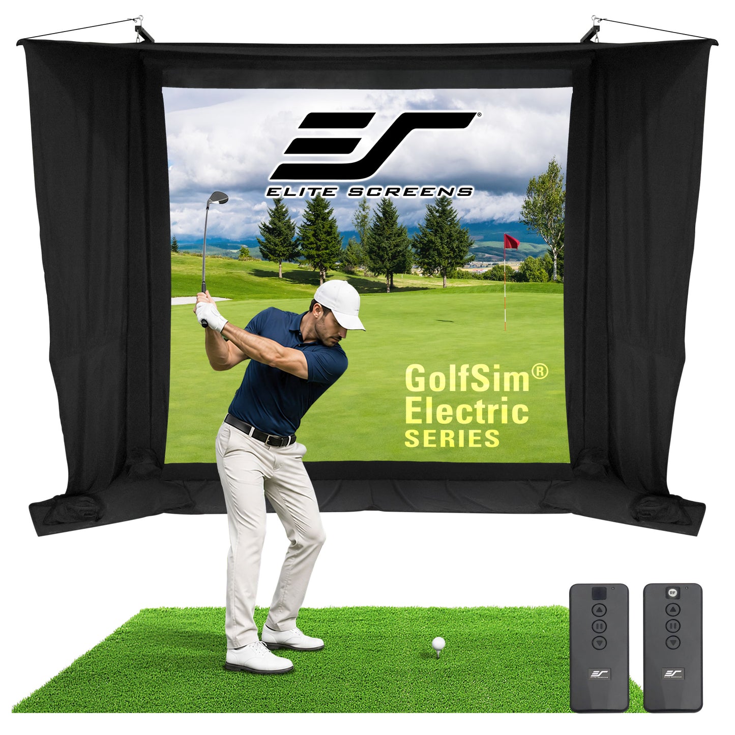 Golf simulator setup with screen displaying a golf course and Elite Screens logo.