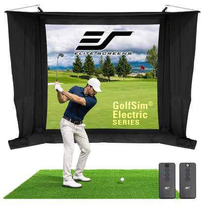 Golf simulator setup with screen displaying a golf course and Elite Screens logo.