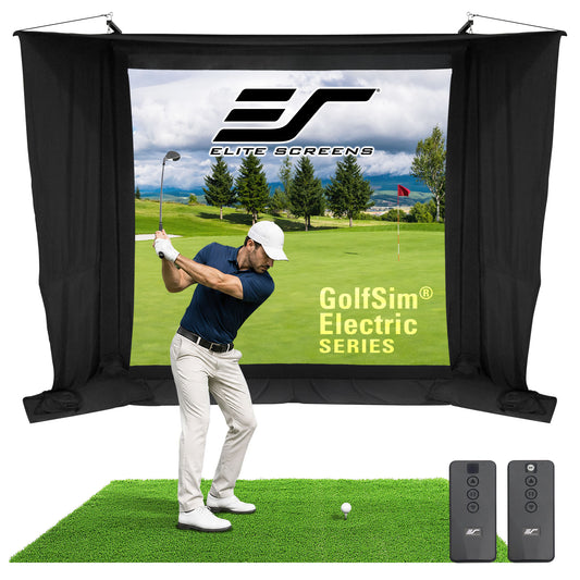 Golf simulator setup with screen displaying a golf course and Elite Screens logo.