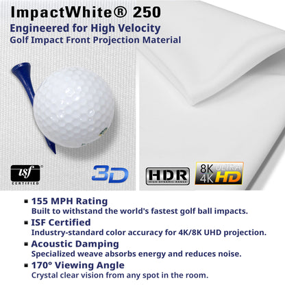 Golf ball on a tee with ImpactWhite 250 material, featuring ISF certification and high-definition display technologies.