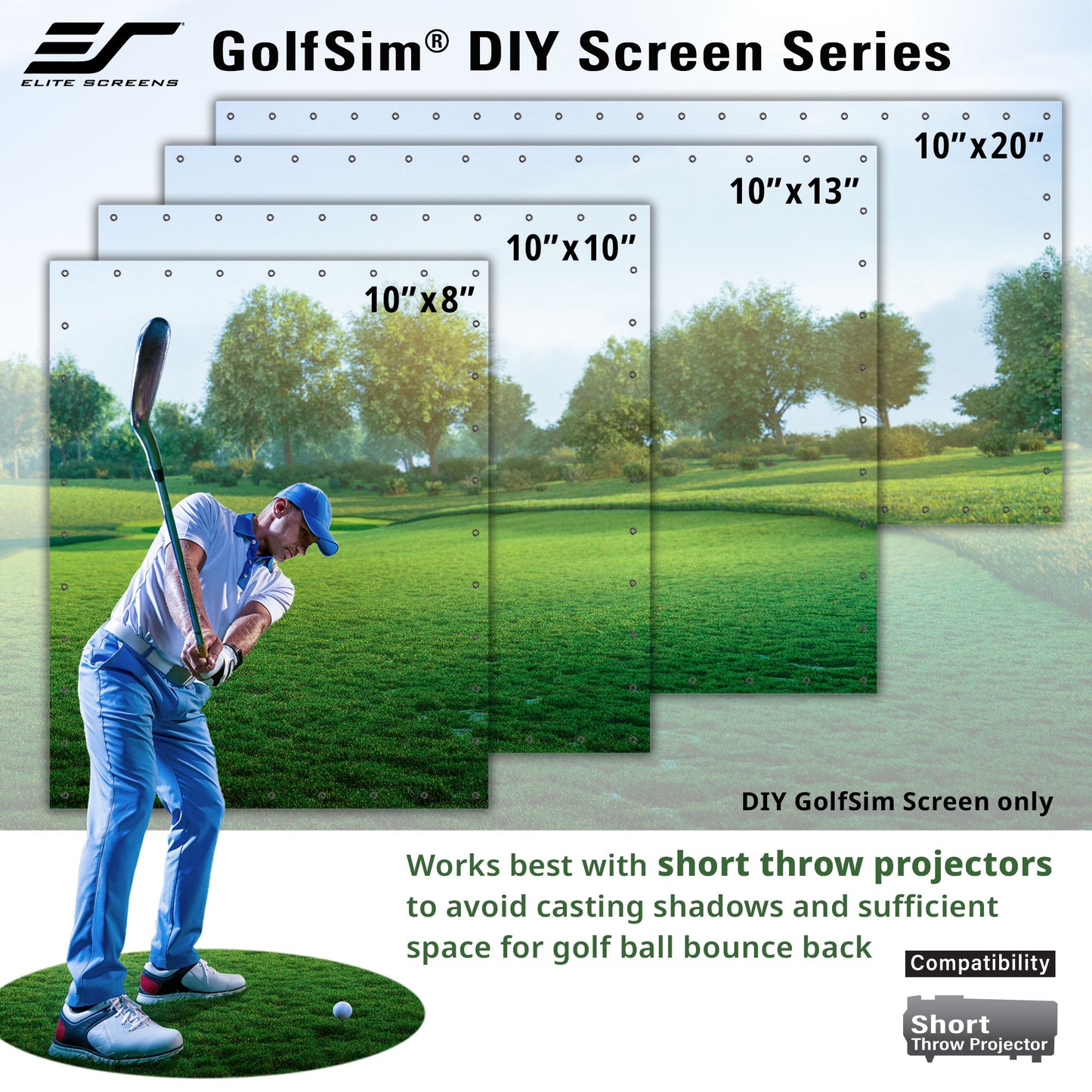 GolfSim DIY Screen Series with dimensions and a golfer on a green screen setup.