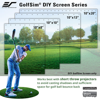 GolfSim DIY Screen Series with dimensions and a golfer on a green screen setup.