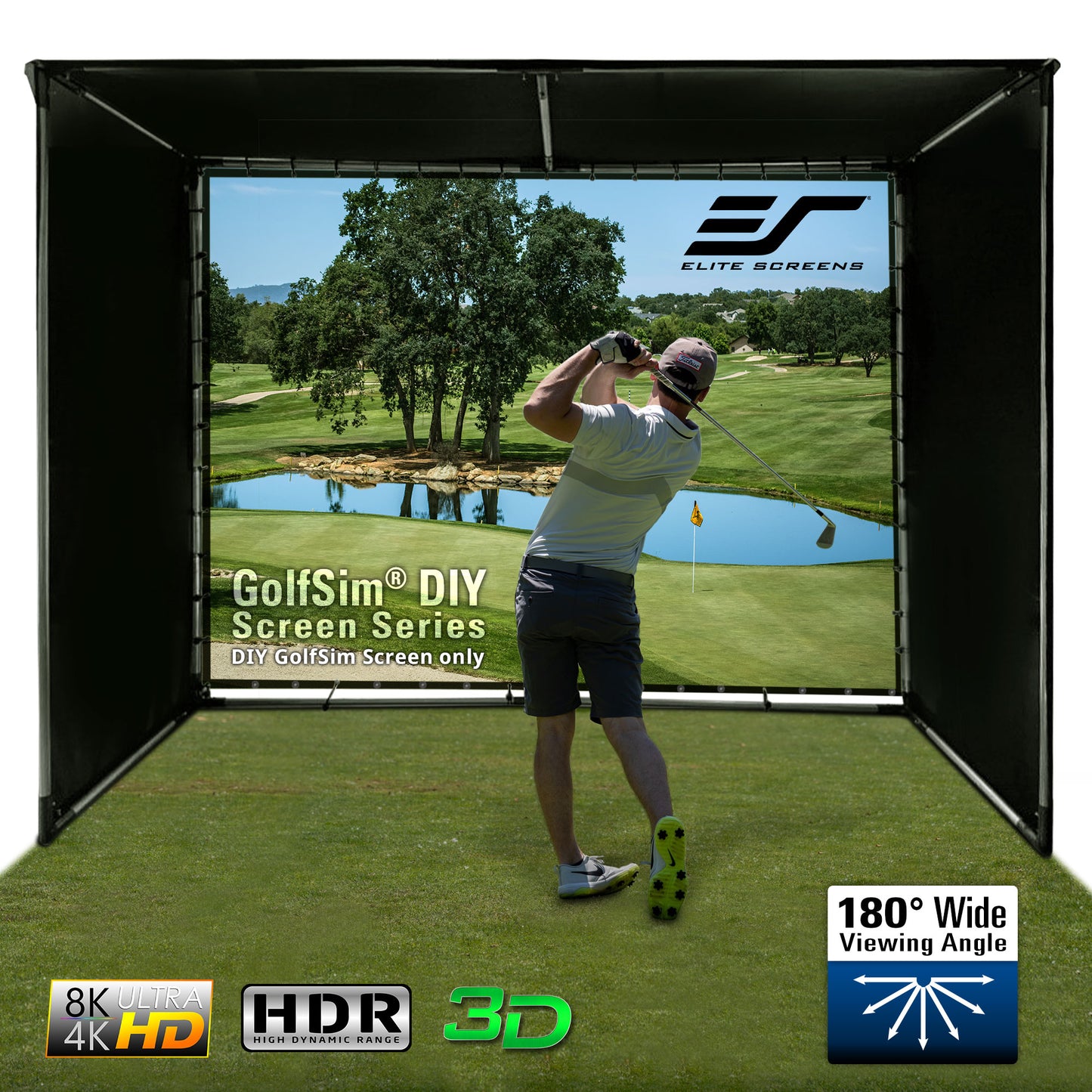 Golf simulator screen with a player on a golf course and Elite Screens branding.