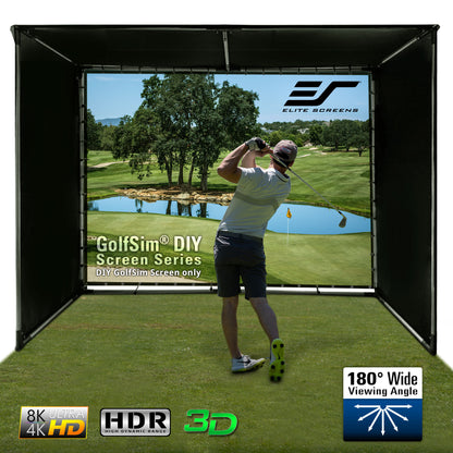 Golf simulator screen with a player on a golf course and Elite Screens branding.