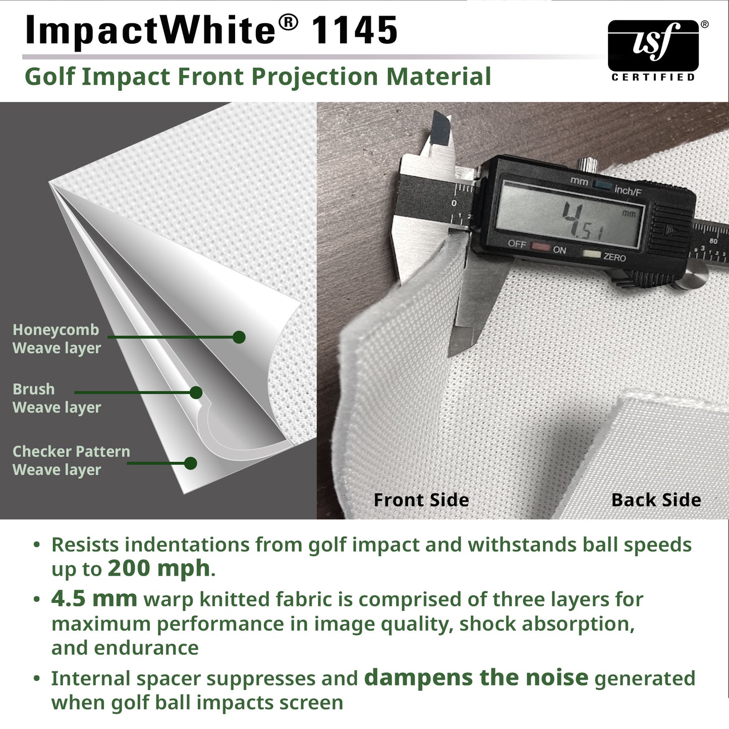 Golf impact front projection material with technical details and measurements.