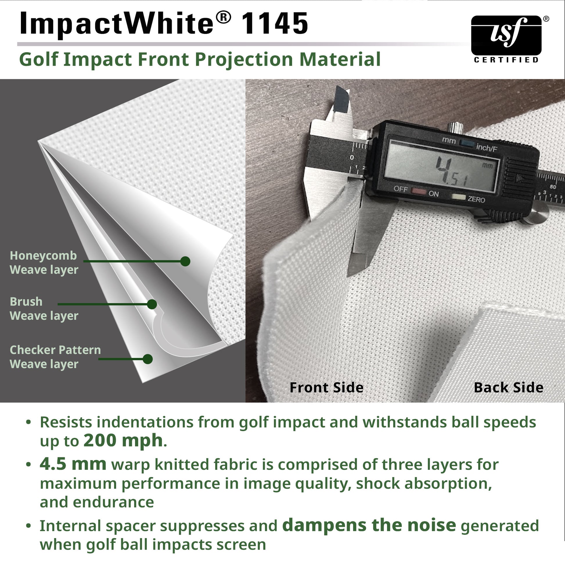 Golf impact front projection material with technical details and measurements.
