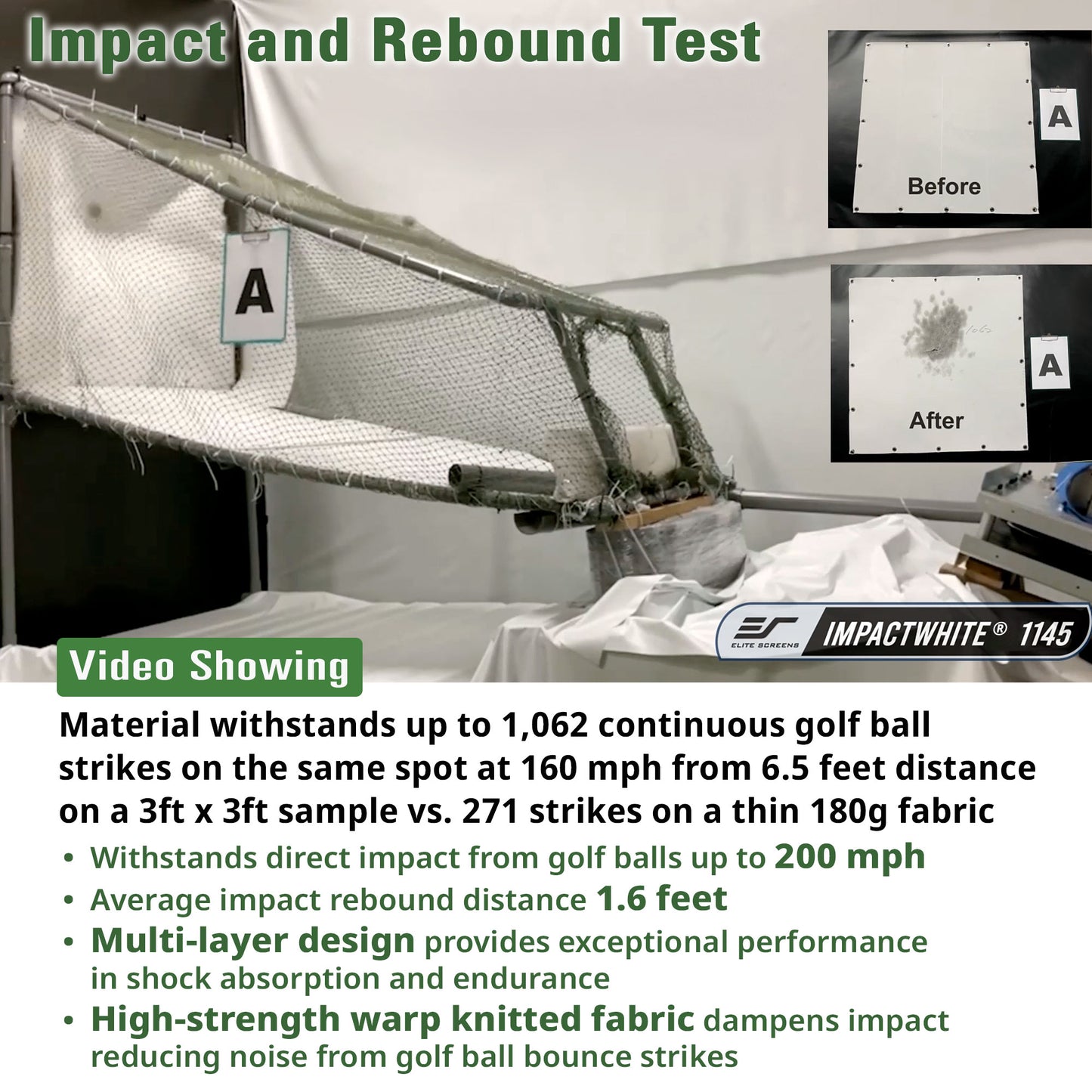 Impact and rebound test setup with material samples and measurement equipment.