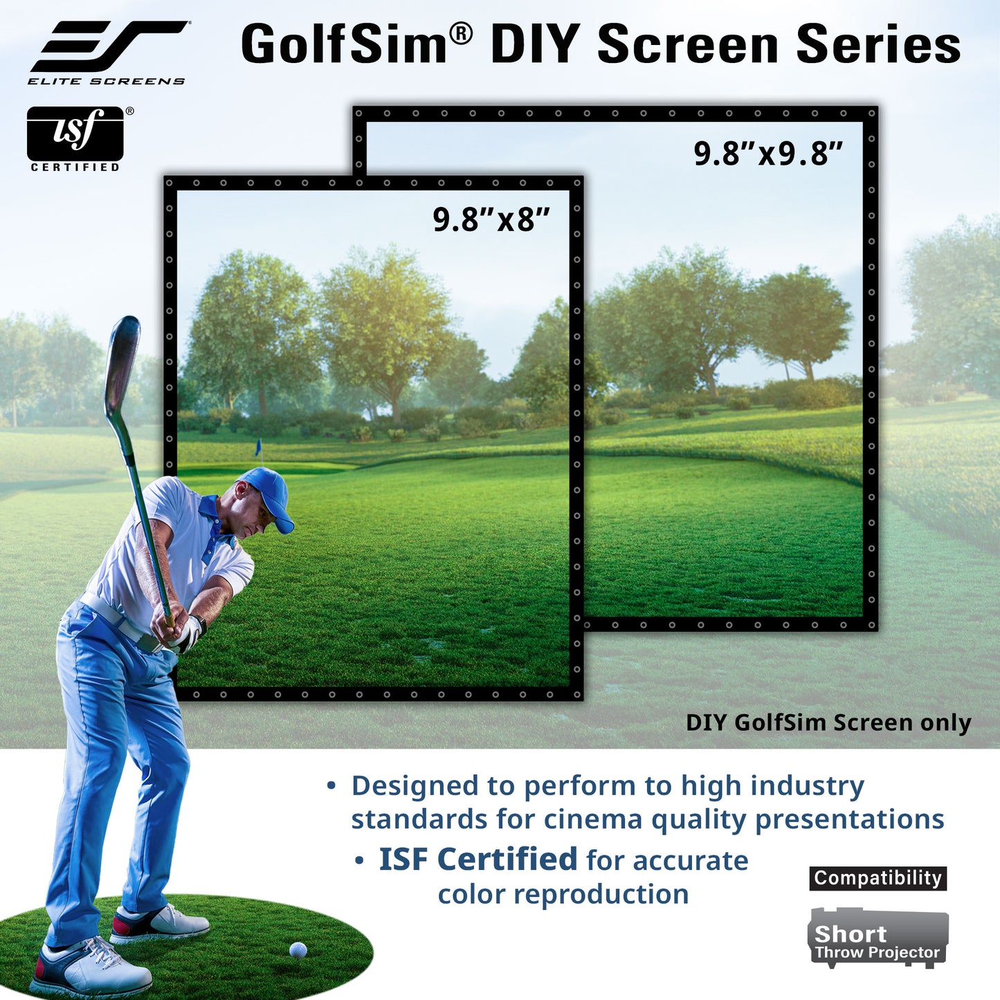GolfSim DIY screen series with a golfer on a golf course, featuring Elite Screens logo.