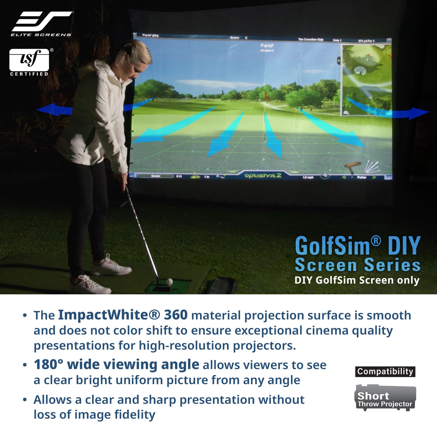 Person using a golf simulator with a large screen displaying a golf course, featuring Elite Screens branding.