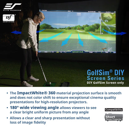 Person using a golf simulator with a large screen displaying a golf course, featuring Elite Screens branding.