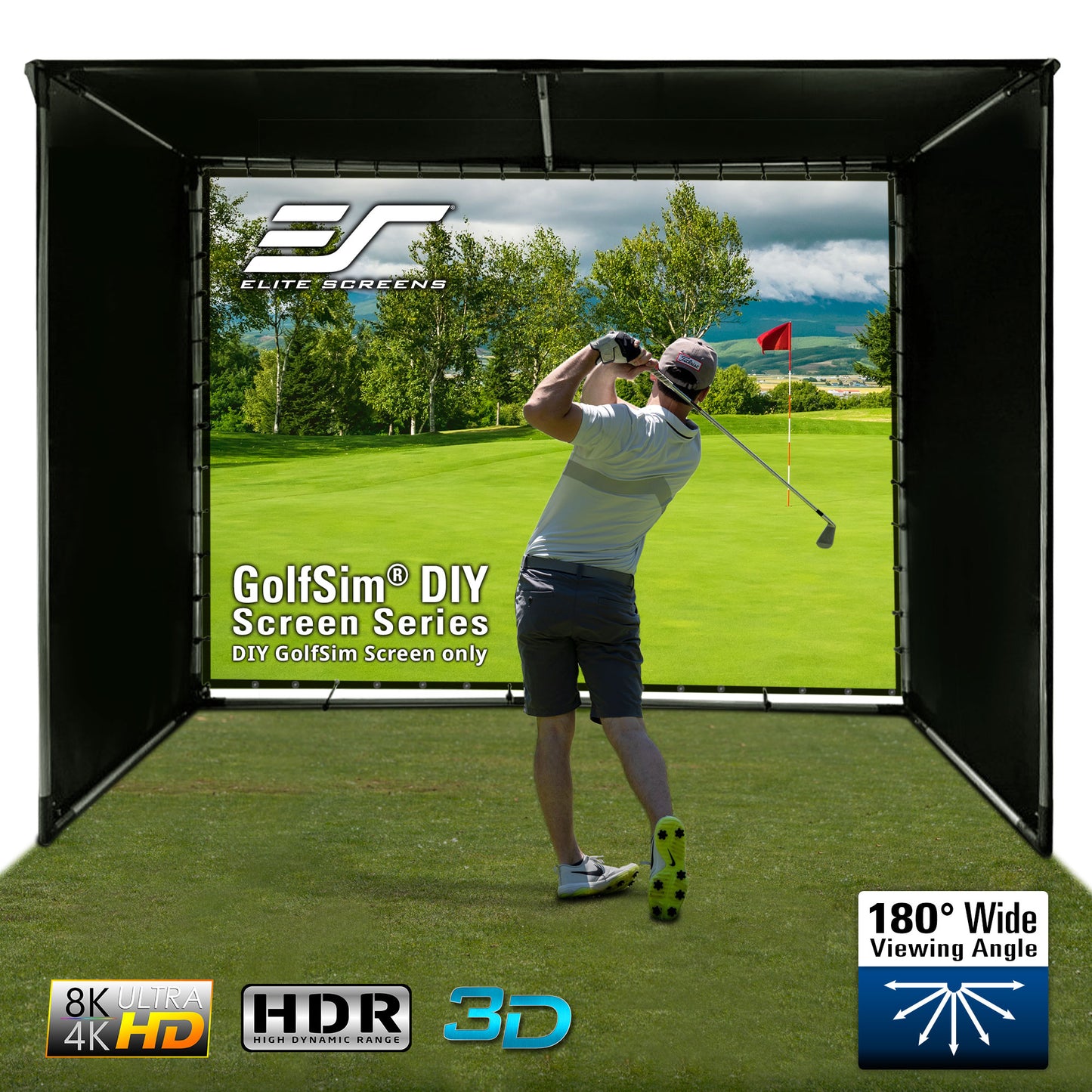 GolfSim DIY screen series with a golfer on the screen, featuring Elite Screens logo.