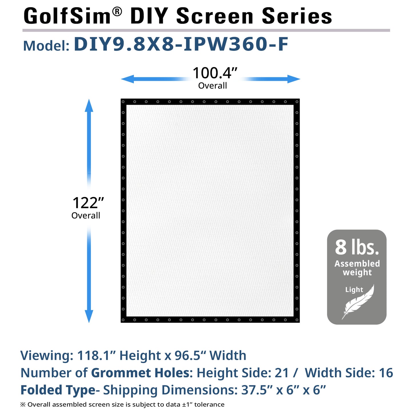 GolfSim DIY screen series 9.8' x 8' model with dimensions and weight information on a white background