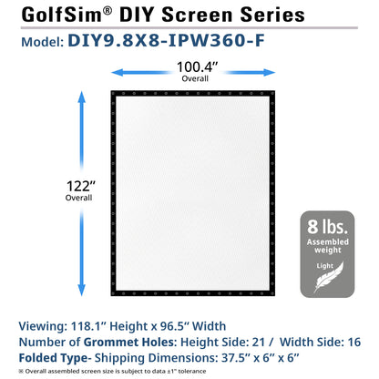 GolfSim DIY screen series 9.8' x 8' model with dimensions and weight information on a white background