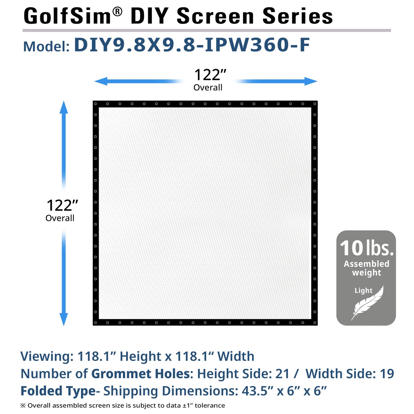 GolfSim DIY screen series 9.8' model with dimensions and weight information.