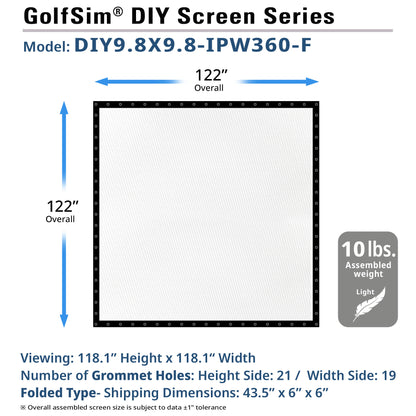 GolfSim DIY screen series 9.8' model with dimensions and weight information.