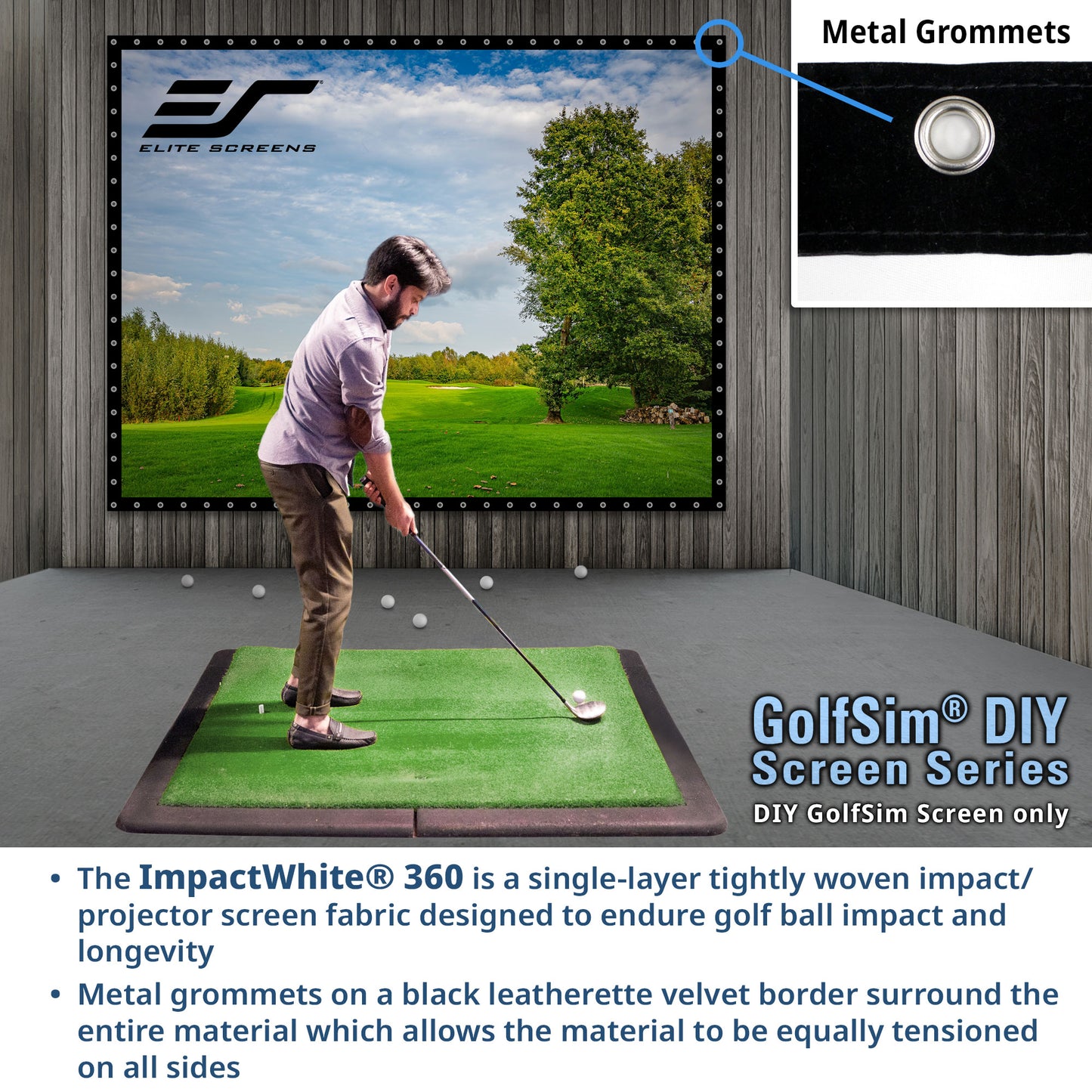 Elite Screens GolfSim DIY Series, Golf simulator setup with a person practicing golf swings on a screen displaying a golf course.