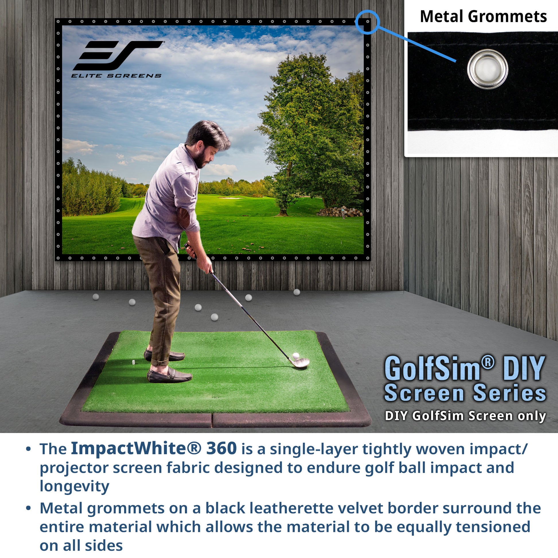 Elite Screens GolfSim DIY Series, Golf simulator setup with a person practicing golf swings on a screen displaying a golf course.