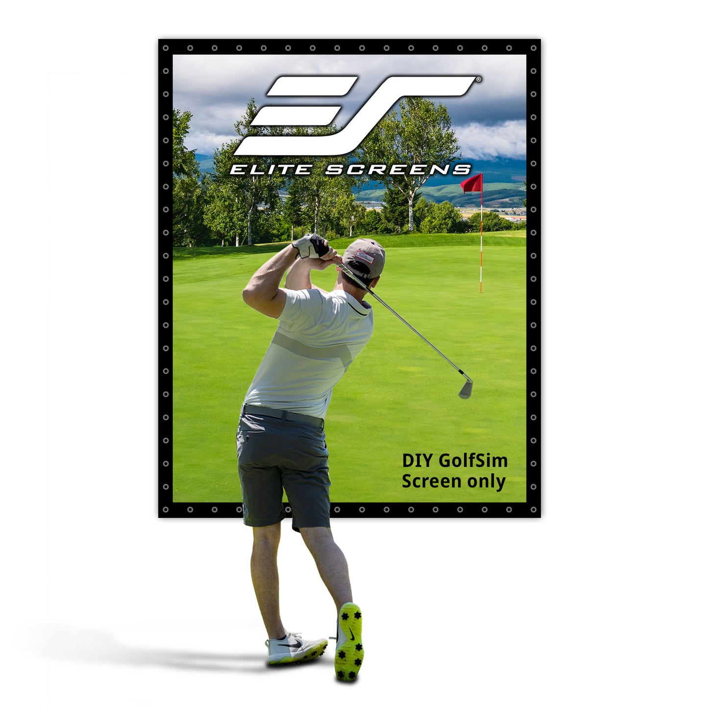 Golf simulator screen with a golfer on a green field and Elite Screens logo.