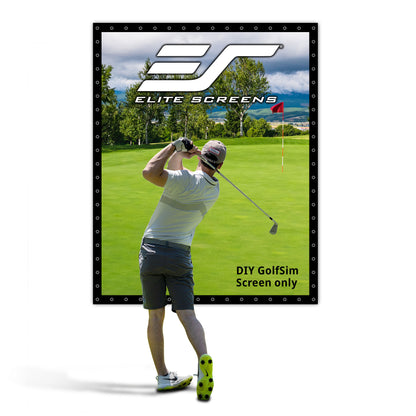 Golf simulator screen with a golfer on a green field and Elite Screens logo.