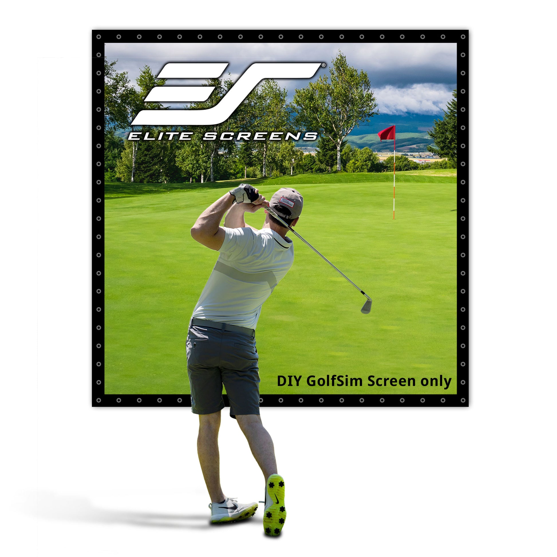 Golf simulator screen with a golfer and scenic background, featuring Elite Screens logo.