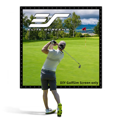 Golf simulator screen with a golfer and scenic background, featuring Elite Screens logo.