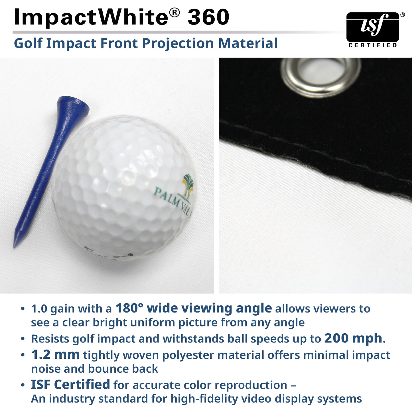 Golf ball with a blue tee on a white background, featuring text about ImpactWhite 360 golf impact front projection material.