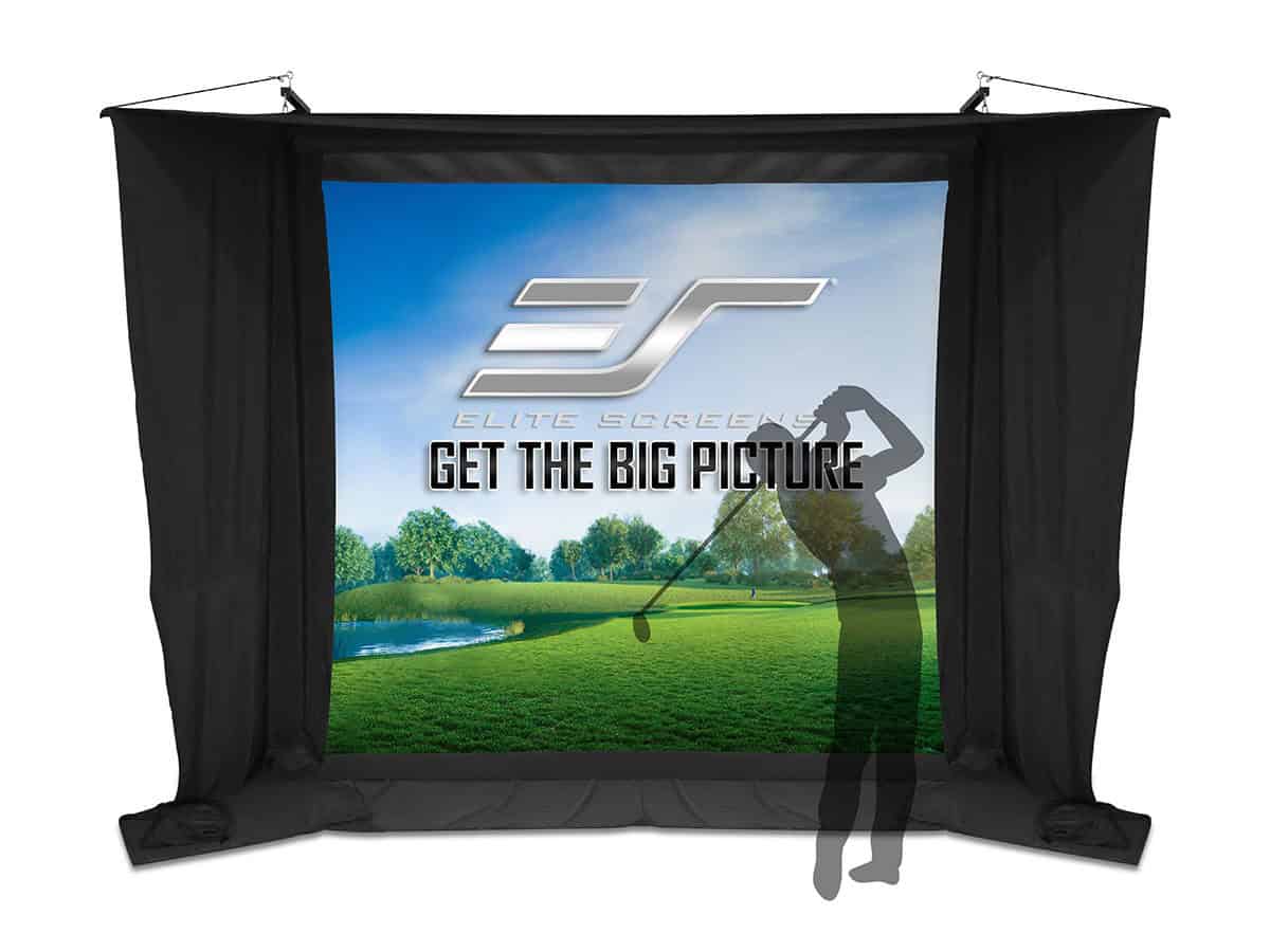 Electric motorized screen enclosed in a black drape with a golf scene and Elite Screens logo.