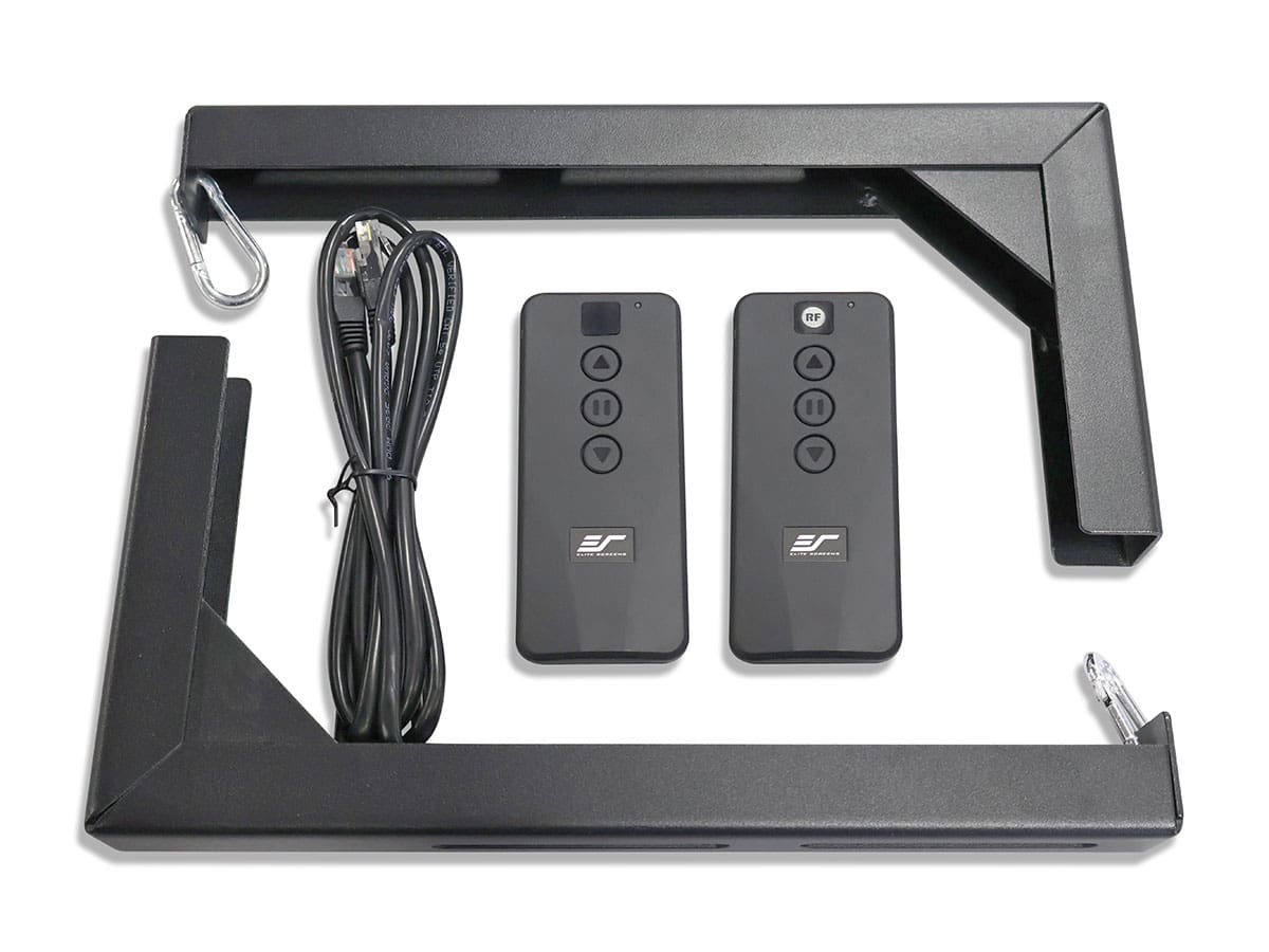 Set of electronic components including a bracket, cables, and remote controls on a white background