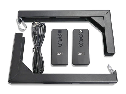 Set of electronic components including a bracket, cables, and remote controls on a white background